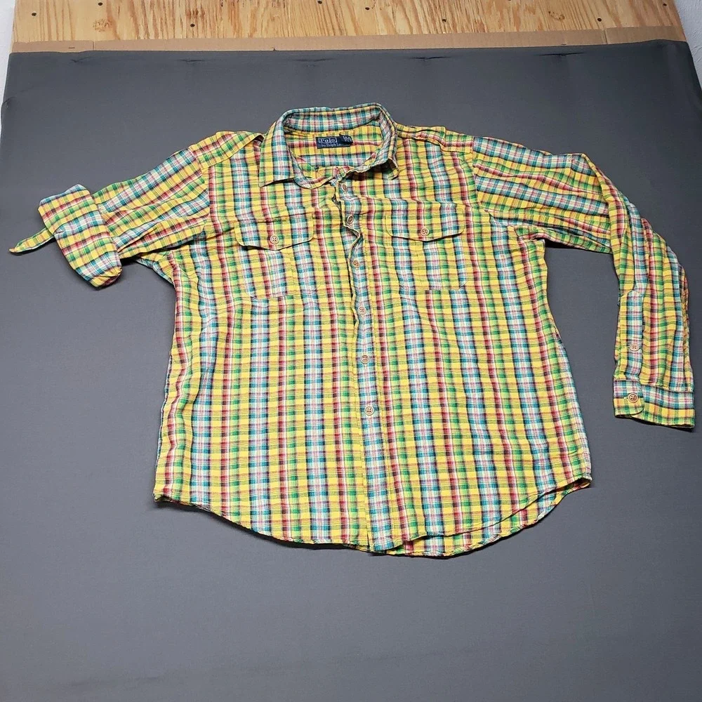 POLO RALPH LAUREN XLMen's Bright Madras Plaid Epaulettes Button Down Shirt